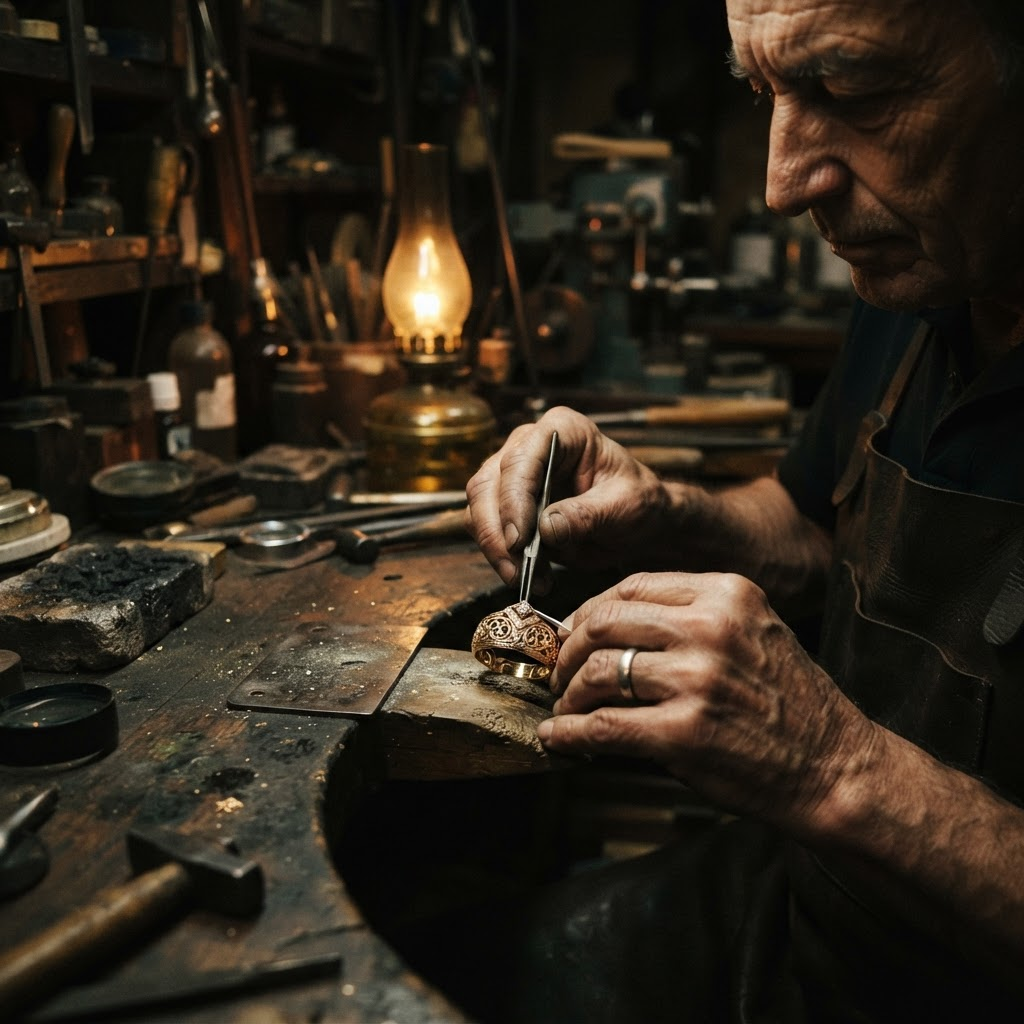 A master goldsmith crafting intricate gold jewellery by hand