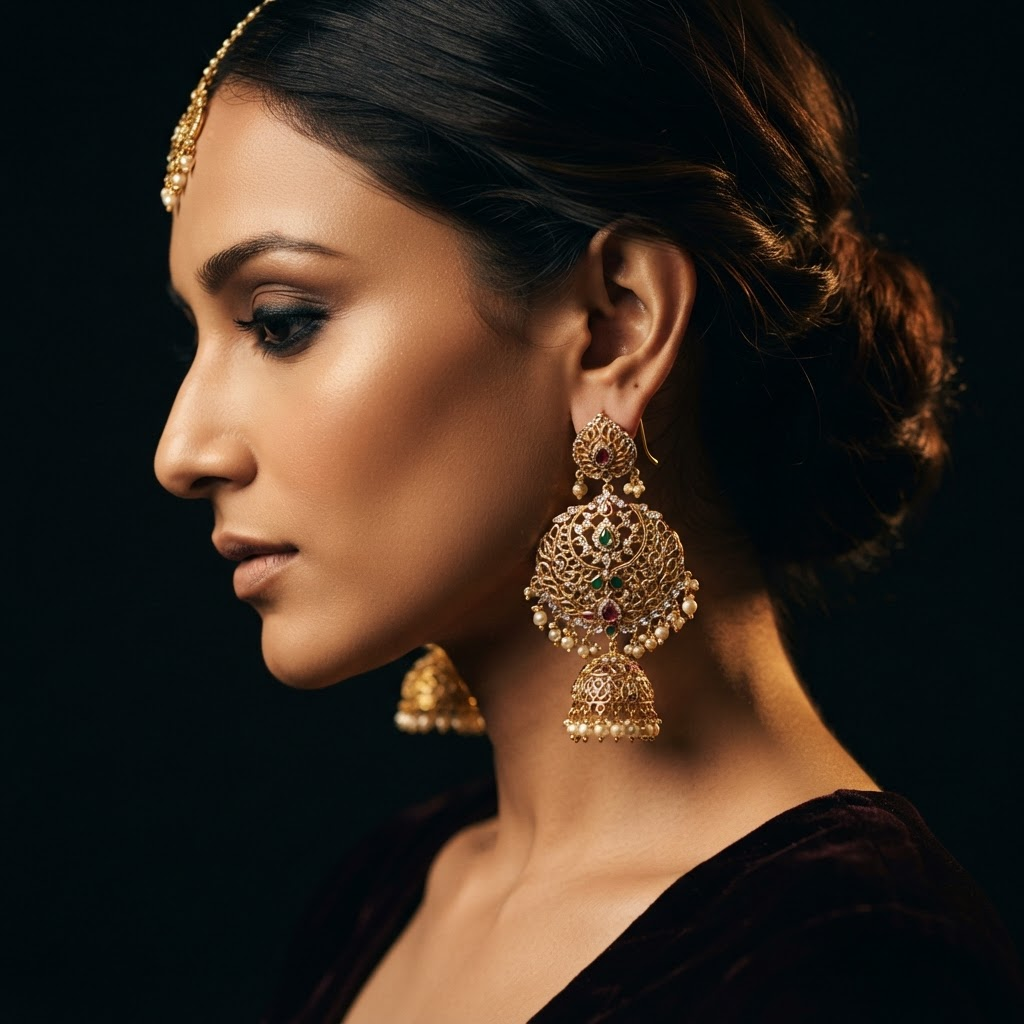 Model wearing ornate gold jhumka earrings